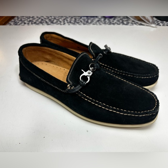 John Varvatos Black Suede Leather Metal Detail Boat Moccasins Loafers 10.5 NWOT